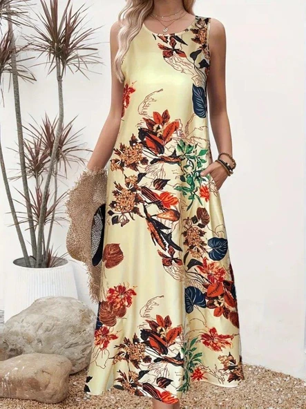 Kadın Askılı Yuvarlak Yaka Cepli Desenli Süprem Elbise - Resim 2