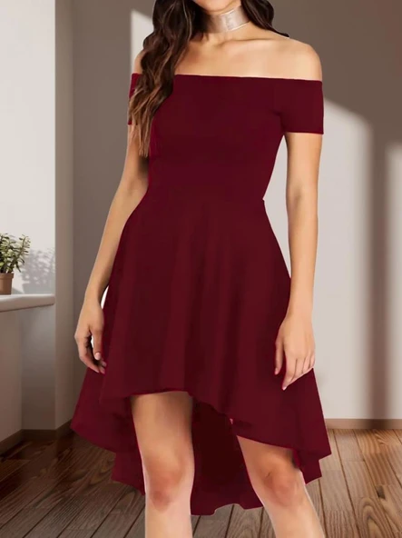 Kadın Kısa Kollu Madonna Yaka önü Kısa Arkası Uzun Ithal Krep Elbise - Resim 2