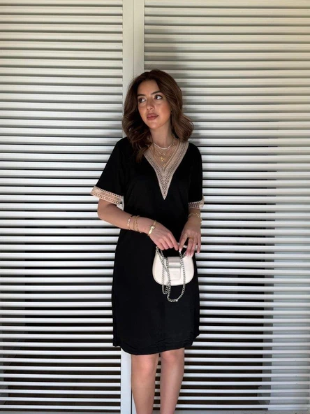 Kadın V Yaka Güpürlü İki İplik Elbise - Resim 4