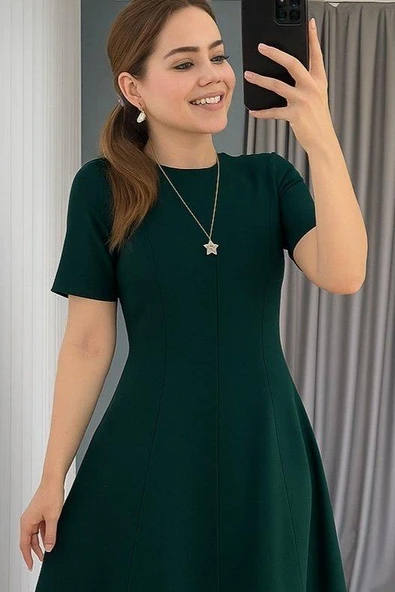 Kadın Kısa Kollu Bisiklet Yaka Maksi Boy Ithal Krep Elbise - Resim 2