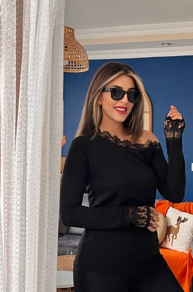Kadın Uzun Kollu Tek Omuzu Açık Dantelli Burgu Bluz - Resim 3