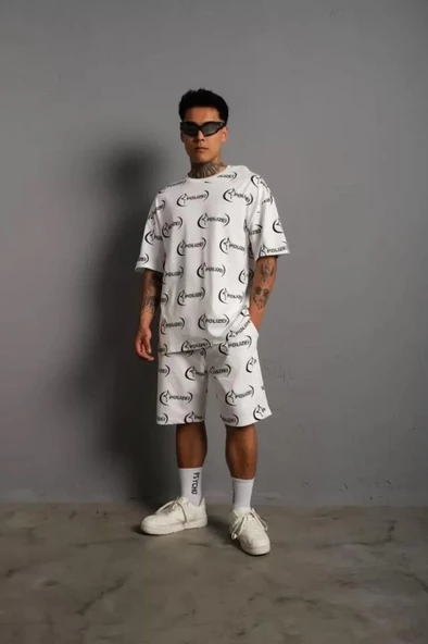 Erkek Baskılı İkili Şortlu Takım - Beyaz ürün görseli