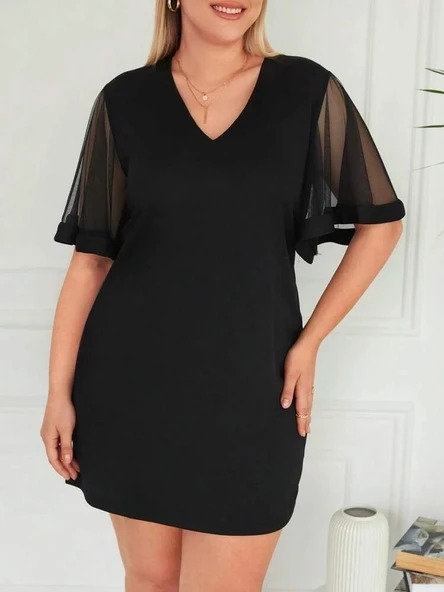 Kadın Tüllü Kısa Kollu V Yaka Krep Elbise - Resim 8