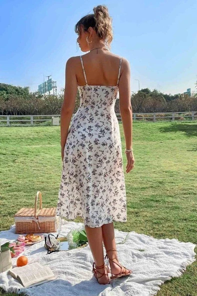 Kadın Ip Askılı Yakadan Bağcıklı Desenli Süprem Elbise - Resim 3