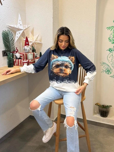 Kadın Uzun Kollu Bisiklet Yaka Köpek Baskılı şardonlu Dalgıç Bluz - Resim 4