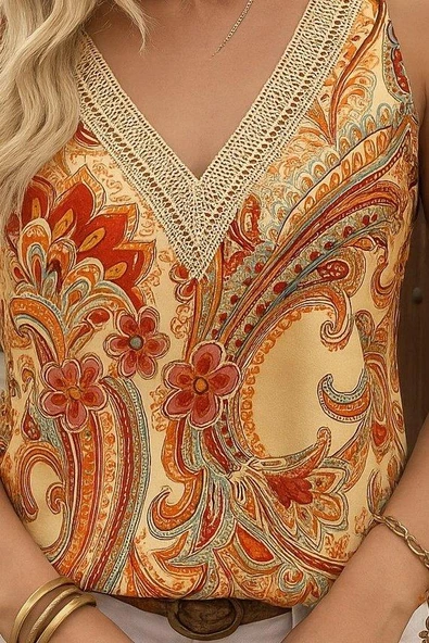 Kadın Askılı V Yaka Dantelli Süprem Bluz - Resim 2