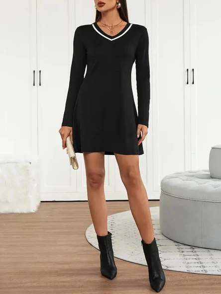 Kadın Uzun Kollu V şerit Yakalı Kısa Viskon Iki Iplik Elbise - Resim 9