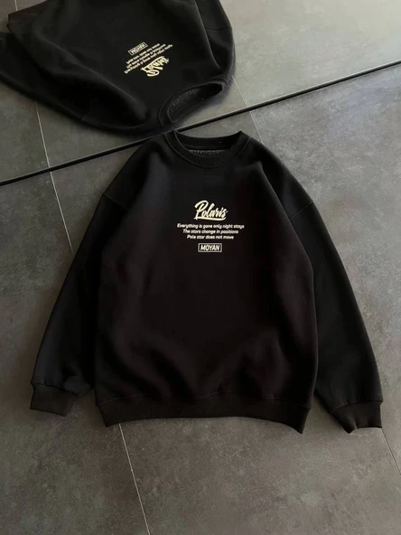 Kışlık Bisiklet Yaka Ön Ve Arka Baskılı SweatShirt - Siyah - 1