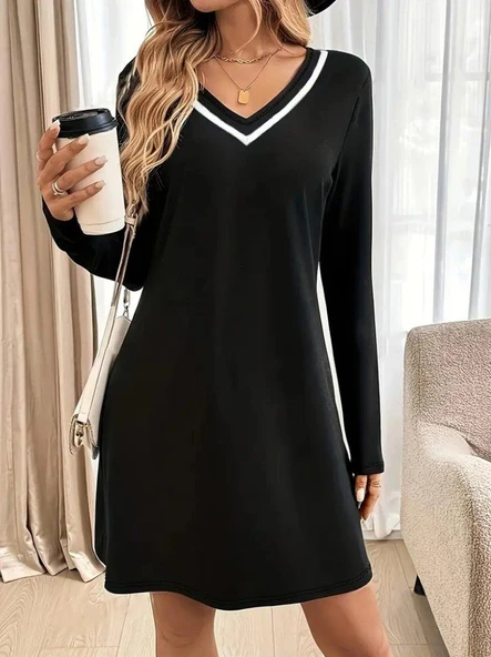 Kadın Uzun Kollu V şerit Yakalı Kısa Viskon Iki Iplik Elbise ürün görseli