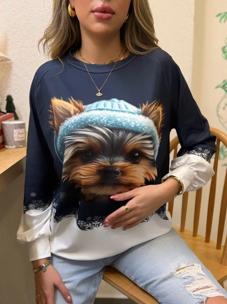 Kadın Uzun Kollu Bisiklet Yaka Köpek Baskılı şardonlu Dalgıç Bluz ürün görseli