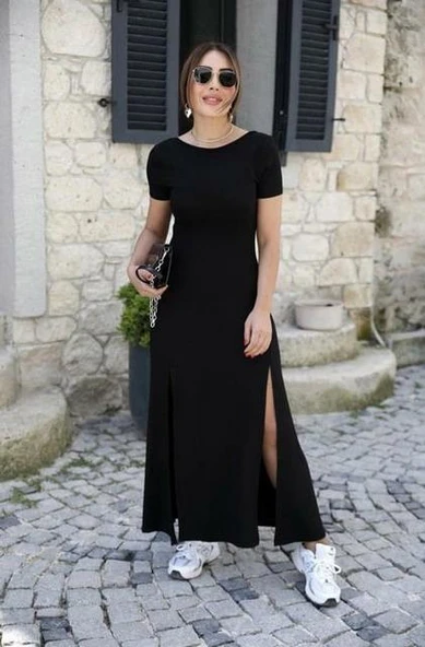 Kadın Kısa Kollu Sırt Dekolte Detay önü çift Yırtmaçlı Viskon Elbise - Resim 3