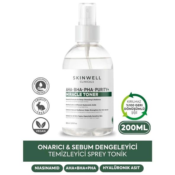 Skinwell AHA - BHA - PHA İçeren Cildi Onarmaya Sebum Dengelenmeye Yardımcı Yüz Bakım Sprey Tonik 200ML - 2