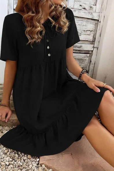 Kadın Kısa Kollu Yakası Bağcıklı önden Düğmeli Fırfır Desenli Süprem Elbise ürün görseli