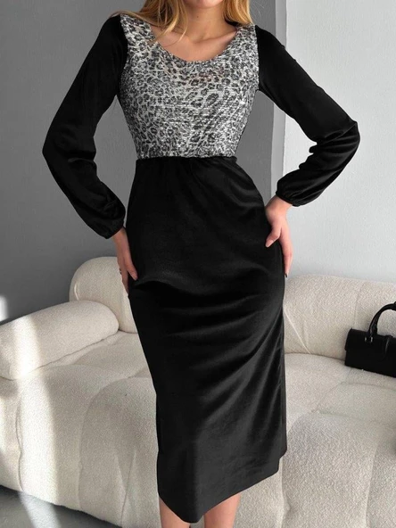 Kadın Fırsat ürünü Leopar Desen Pul Payet Işlemeli Midi Boy Kadife Kumaş Elbise ürün görseli