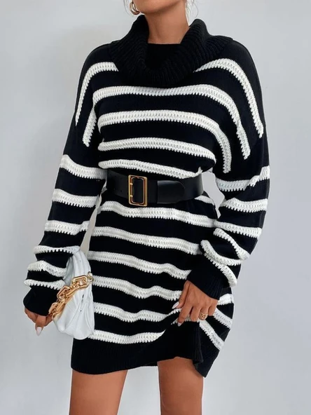 Kadın Uzun Kollu Degaje Yaka çizgili Sonya Iplik Mini Boy Triko Elbise (kemersiz) - Resim 9