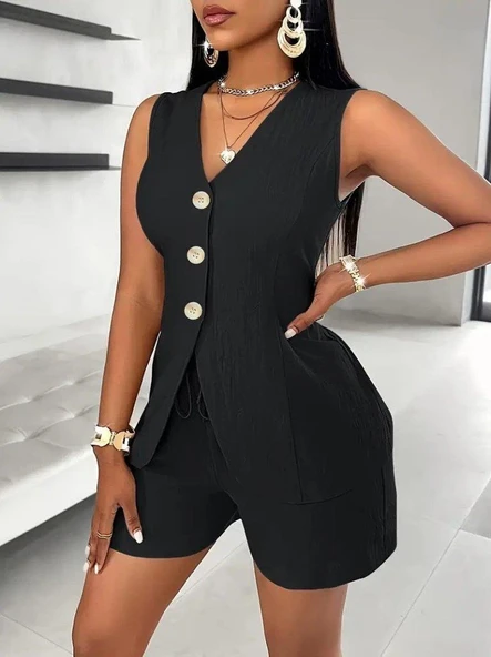 Kadın Sıfır Kollu önden Düğmeli Ithal Krep Ceket Ve Short Ikili Takım - Resim 2