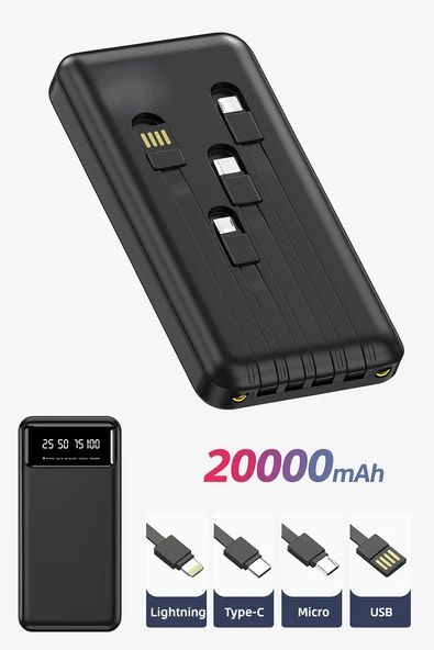Seyahat Dostu Powerbank Dijital Göstergeli 4 Cihazı Aynı Anda Şarj Eden Powerbank 20000mah