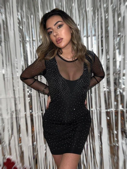 Kadın Yılbaşı özel Uzun Kollu Yuvarlak Yaka Dekolteli Taşlı Dalgıç Elbise ürün görseli