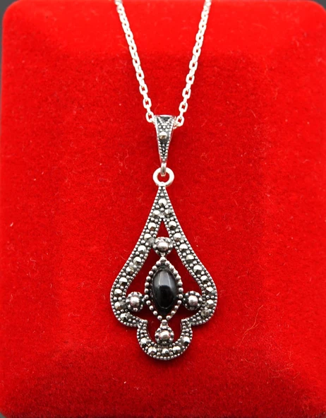 925 Ayar Kadın Oltu Taşı Kadın Kolye sk00075 - Resim 2