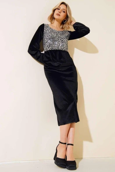 Kadın Fırsat ürünü Leopar Desen Pul Payet Işlemeli Midi Boy Kadife Kumaş Elbise - Resim 5