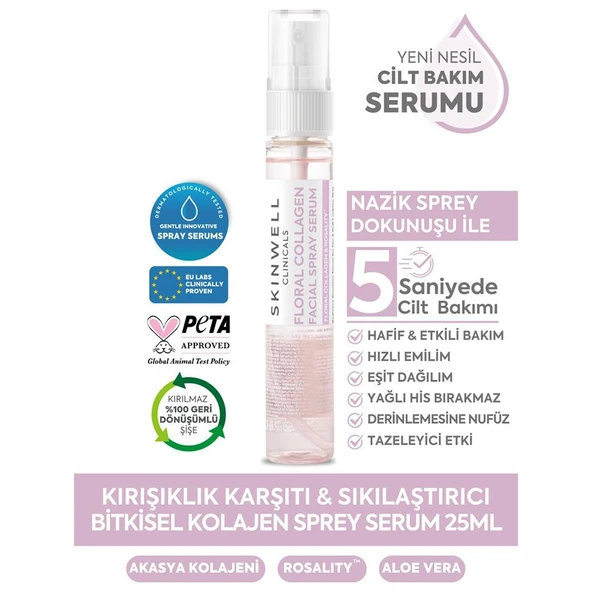 Skinwell Sıkılaştırıcı Etki Bitkisel Kolajen Gül Ekstrakt Içerikli Yüz Bakım Sprey Serum 25ML - Resim 2