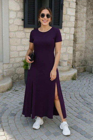 Kadın Kısa Kollu Sırt Dekolteli Yırtmaç Detaylı Viskon Elbise - Resim 2