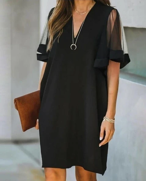 Kadın Tüllü Kısa Kollu V Yaka Krep Elbise ürün görseli