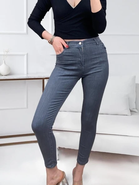Likralı Yüksek Bel Jean Pantolon - 3