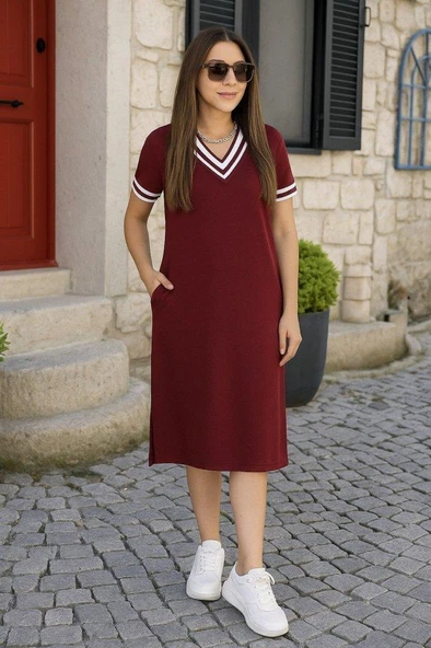 Kadın Kısa Kollu V Yaka Ve Yaka Ribana Detay Midiboy Viskon Elbise - Resim 3