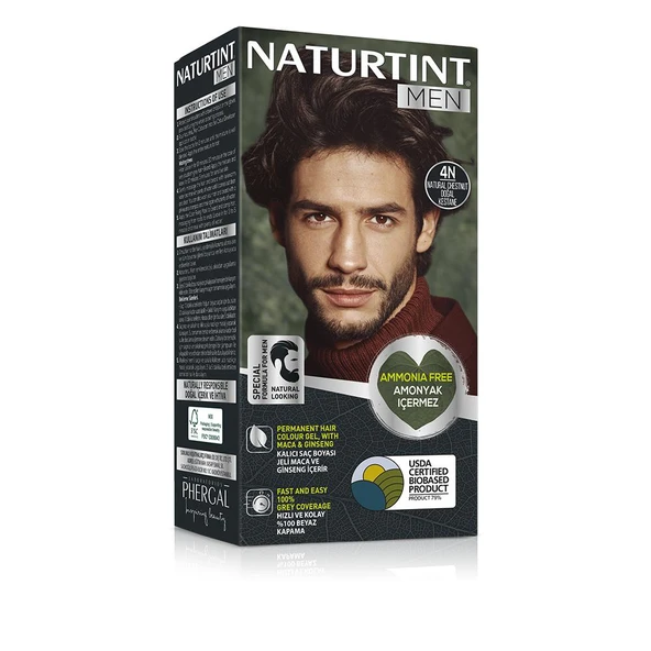 Naturtint Men 4N Doğal Kestane Erkekler için Doğal Saç Boyası 170ML - 1