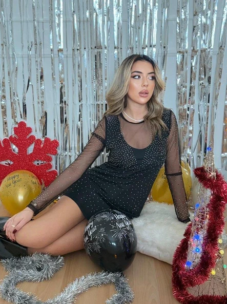 Kadın Yılbaşı özel Uzun Kollu Yuvarlak Yaka Dekolteli Taşlı Dalgıç Elbise - Resim 6