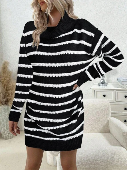 Kadın Uzun Kollu Degaje Yaka çizgili Sonya Iplik Mini Boy Triko Elbise (kemersiz) - Resim 3