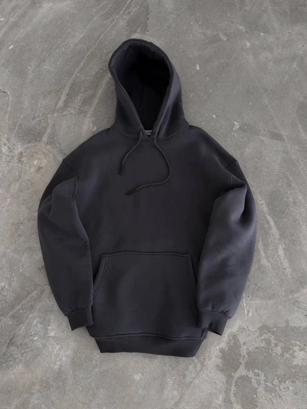 Kapşonlu Üç İplik Penye Basic SweatShirt - Füme - 1