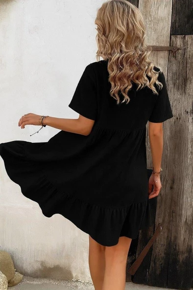 Kadın Kısa Kollu Yakası Bağcıklı önden Düğmeli Fırfır Desenli Süprem Elbise - Resim 3