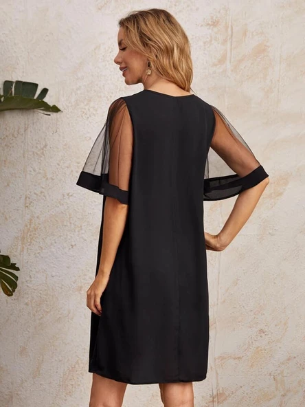 Kadın Tüllü Kısa Kollu V Yaka Krep Elbise - Resim 4