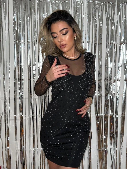 Kadın Yılbaşı özel Uzun Kollu Yuvarlak Yaka Dekolteli Taşlı Dalgıç Elbise - Resim 7