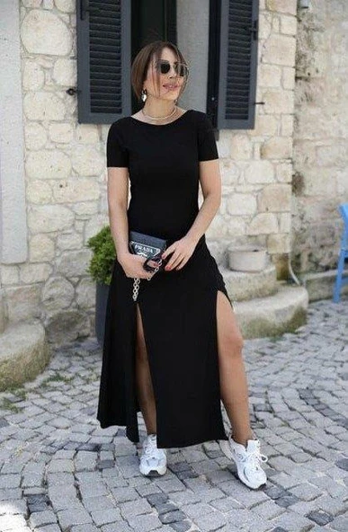 Kadın Kısa Kollu Sırt Dekolte Detay önü çift Yırtmaçlı Viskon Elbise ürün görseli