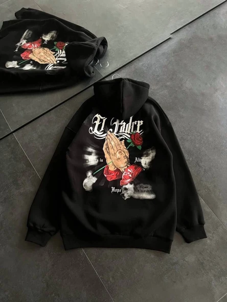 Üç İplik Penye Uzun Kol Kapşonlu Baskılı SweatShirt - Siyah - Resim 3