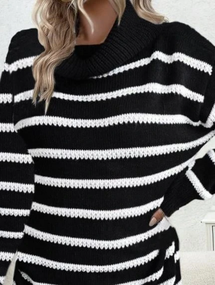 Kadın Uzun Kollu Degaje Yaka çizgili Sonya Iplik Mini Boy Triko Elbise (kemersiz) - Resim 4