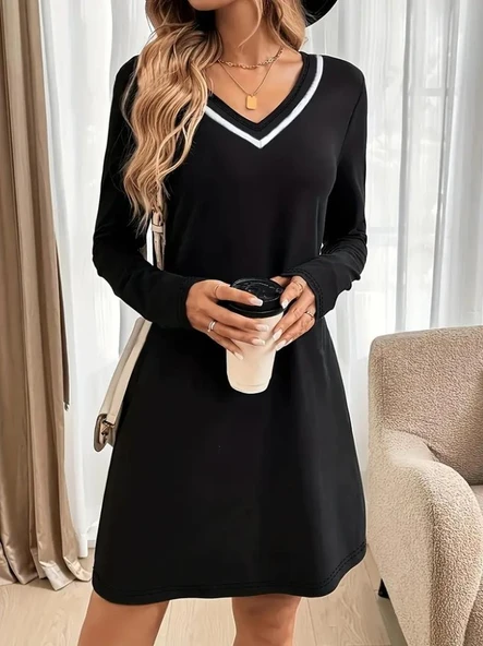 Kadın Uzun Kollu V şerit Yakalı Kısa Viskon Iki Iplik Elbise - Resim 3