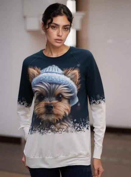 Kadın Uzun Kollu Bisiklet Yaka Köpek Baskılı şardonlu Dalgıç Bluz ürün görseli