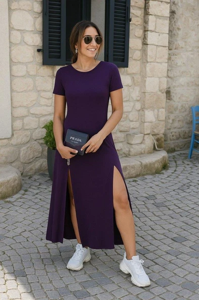 Kadın Kısa Kollu Sırt Dekolteli Yırtmaç Detaylı Viskon Elbise - Resim 3