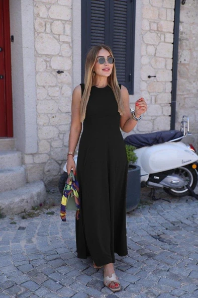 Kadın Sıfır Kollu Bisiklet Yaka Viskon Elbise - Resim 4