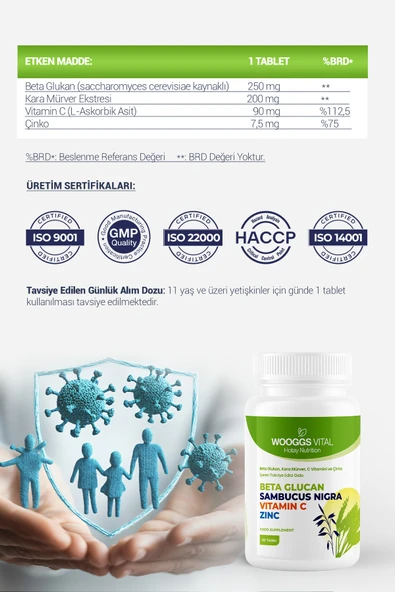 BETA GLUKAN , KARA MÜRVER ,C VİTAMİNİ VE ÇİNKO 60 TABLET - 2