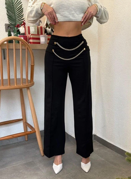 Kadın Beli Zincir Detay Ithal Krep Pantolon - 3