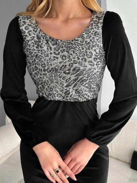 Kadın Fırsat ürünü Leopar Desen Pul Payet Işlemeli Midi Boy Kadife Kumaş Elbise - Resim 4