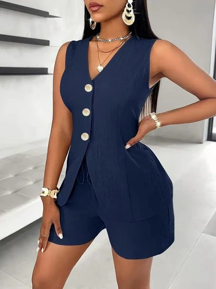 Kadın Sıfır Kollu önden Düğmeli Ithal Krep Ceket Ve Short Ikili Takım - Resim 2