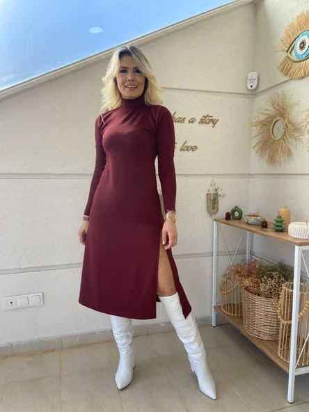 Kadın Uzun Kollu Balıkçı Yaka Derin Yırtmaç Detay Krep Elbise ürün görseli