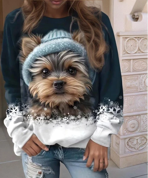 Kadın Uzun Kollu Bisiklet Yaka Köpek Baskılı şardonlu Dalgıç Bluz - Resim 2