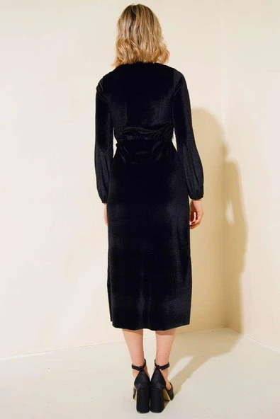 Kadın Fırsat ürünü Leopar Desen Pul Payet Işlemeli Midi Boy Kadife Kumaş Elbise - Resim 7